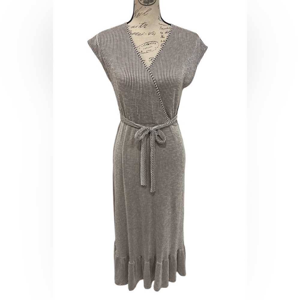 Caution To The Wind Striped Faux Wrap Midi Dress Tie Waist Ruffle Hem Size M